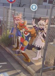  1boy 2girls ;d boots capelet chocolat_gelato elh_melizee fur-trimmed_boots fur-trimmed_capelet fur-trimmed_pants fur_trim furry furry_female furry_male furry_with_furry goggles goggles_on_headwear google_street_view high_school_girls_posing_for_google_street_view_(meme) highres little_tail_bronx looking_at_viewer meme multiple_girls one_eye_closed outdoors pants pointing pointing_up red_savarin road_sign sandly_cat sign smile solatorobo v 