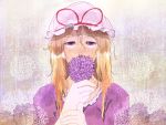  bad_id blonde_hair covering covering_face covering_mouth flower gloves hikarinoko hydrangea purple_eyes solo touhou violet_eyes yakumo_yukari 