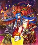  animal_ears armor bad_id blue_hair breasts cape cleavage dot_heit fire genderswap gift gnarl halloween headphones instrument jack-o'-lantern light long_hair minion_(overlord) night open_mouth overlord overlord_(character) photo_(object) picture pumpkin quaver ribbon smile st-ko star steam_(platform) tail trumpet wolf_ears 