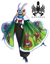 1girl animal_feet antennae arthropod_girl black_dress black_skin cape colored_skin commentary covered_mouth covered_navel dokugarla dress eidenjyou1997 english_commentary fur_trim genderswap genderswap_(mtf) green_cape highres impossible_clothes kamen_rider kamen_rider_v3_(series) logo monster_girl moth_antennae moth_girl multicolored_hair red_eyes simple_background solo tight_clothes tight_dress white_background white_fur