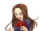  brown_eyes brown_hair fushimi_chihiro glasses long_hair open_mouth persona persona_3 school_uniform segami_daisuke simple_background solo tears 