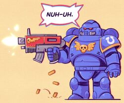  1boy adeptus_astartes armor blue_armor bolter bullet commentary english_commentary english_text gauntlets gun helmet highres holding holding_bolter holding_gun holding_weapon mostlyghostly pauldrons power_armor red_eyes shoulder_armor skull solo speech_bubble ultramarines warhammer_40k warhammer_40k:_space_marine weapon 