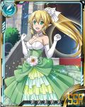  1girl bare_shoulders blonde_hair blue_eyes bow breasts card_(medium) cleavage collarbone dress fingerless_gloves gloves hair_between_eyes hair_bow high_ponytail large_breasts layered_dress leafa long_hair open_mouth outdoors pointy_ears solo sword_art_online wedding_dress white_bow white_flower white_gloves 