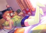  aomusi86 ass bad_id bed book brown_eyes brown_hair clock dinosaur food fruit hair_ornament hairclip headphones highres lying mouth_hold mushroom on_stomach original pencil short_hair shorts side_ponytail skindentation solo stereo strawberry stuffed_animal stuffed_toy thigh-highs thighhighs zettai_ryouiki 
