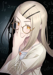  1girl adjusting_eyewear blonde_hair camisole chalkboard collarbone cross-laced_clothes cross-laced_top gakuen_idolmaster hair_ornament hairclip highres idolmaster long_hair looking_at_viewer orange_eyes round_eyewear shadow shinosawa_hiro shirt sidelocks smile smug solo taba_neruko upper_body yellow-framed_eyewear yellow_shirt 
