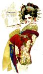  black_hair eyeshadow geisha hair_ornament hexagon japanese_clothes kimono kiseru lipstick makeup nail_polish oiran original pipe sakizou solo traditional_media watercolor_(medium) 