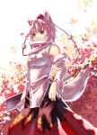  animal_ears barefoot detached_sleeves inubashiri_momiji leaf maple_leaf red_eyes short_hair silver_hair solo sukocchi sword tail touhou weapon wolf_ears wolf_tail 