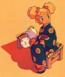  blonde_hair fan green_eyes hair_up japanese_clothes kimono official_art rockman rockman_(classic) roll sitting solo 