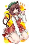  brown_hair cat_ears cat_tail chen earrings hat jewelry multiple_tails red_eyes short_hair spanking_momoko tail touhou 