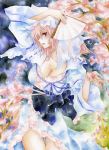  arm_up breasts cherry_blossoms cleavage colored_pencil_(medium) fan folding_fan hat large_breasts pink_eyes pink_hair red_eyes saigyouji_yuyuko short_hair solo touhou traditional_media watercolor_(medium) yukaxcat 