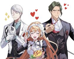  1girl 2boys :d absurdres adjusting_clothes adjusting_gloves alternate_costume black_dress black_jacket black_vest breasts brown_hair butler closed_eyes closed_mouth collared_shirt cowboy_shot danganronpa_(series) danganronpa_3_(anime) dress enmaided food gloves grey_hair hand_up heart highres holding holding_food jacket juliet_sleeves ketchup_bottle large_breasts long_hair long_sleeves maid maid_headdress monocle multiple_boys munakata_kyousuke necktie pants puffy_sleeves red_necktie sakakura_juuzou shirt short_hair sideways_glance smile teeth translation_request vest white_gloves white_jacket white_pants yukizome_chisa zetsubou414 