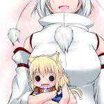  2girls animal_ears blonde_hair blush breasts cat_ears cat_tail chibi detached_sleeves head_out_of_frame holding hoshizuki_(seigetsu) inubashiri_momiji kemonomimi_mode large_breasts minigirl mizuhashi_parsee multiple_girls open_mouth puru-see seigetu silver_hair tail touhou trembling 