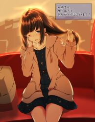  1girl :d anchor_print anchor_symbol belt berukuto_(berukuto_47) black_belt blue_dress blush brown_hair collarbone commentary_request cowboy_shot drawstring dress fubuki_(kancolle) fubuki_(spring_mode)_(kancolle) grey_eyes grey_jacket hair_tie hand_on_own_cheek hand_on_own_face hand_up happy_birthday hood hood_down hooded_jacket jacket kantai_collection long_hair long_sleeves looking_at_viewer one_eye_closed open_clothes open_jacket open_mouth polka_dot polka_dot_dress short_dress sidelocks sitting smile solo translation_request untying_hair 