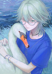  absurdres androgynous animal arm_tattoo bird bracelet choker earrings glasses goose grass green_eyes green_hair highres hoop_earrings jewelry kotorino_mabuta medium_hair multiple_earrings nail_polish necklace original outdoors shirt short_sleeves signature solo stud_earrings t-shirt tattoo water 