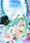  bad_id barefoot checkered food green_eyes green_hair hatsune_miku hime03 long_hair midriff necktie panties pantyshot pantyshot_(sitting) pantyshot_sitting piano_keys sitting skirt solo striped striped_panties twintails underwear very_long_hair vocaloid 