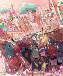  1girl 3boys 6+others :t armor beard belt blue_hair boots braided_mustache bright_pupils candy candy_cane cape capelet car carles_dalmau commentary dress drooling dwarf eating elf english_commentary facial_hair fantasy food gingerbread_house gingerbread_man gloves green_dress hand_on_another&#039;s_shoulder hat helm helmet highres holding holding_staff house leggings lollipop long_hair mage_staff motor_vehicle multiple_boys multiple_others mustache original pants pauldrons pink_sky pointy_ears police_hat red_cape short_hair shoulder_armor sitting sky staff stairs standing white_hair white_pupils wrapped_candy 