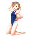  armpits barefoot brown_eyes brown_hair competition_swimsuit diving_mask flat_chest highleg highres kneeling misaka_mikoto one-piece_swimsuit salute short_hair swimsuit to_aru_kagaku_no_railgun to_aru_majutsu_no_index transparent_background water_gun 