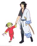  child chinese_clothes cosplay double_bun gintama glasses green_hair holding holding_glasses holding_hands japanese_clothes kagura_(gintama) kagura_(gintama)_(cosplay) kia_(ruruten) koiwai_yotsuba mr_koiwai parody sakata_gintoki sakata_gintoki_(cosplay) shimura_shinpachi yotsubato! 