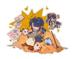  1girl annotated arknights bitey_(arknights) black_hair blue_hair blush_stickers book broom brown_hat brown_jacket child's_drawing chinese_commentary closed_mouth commentary_request dot_mouth dragon_bubble_(arknights) dragon_girl dragon_horns dress dusk_(arknights) earrings grey_dress grey_scarf hair_over_one_eye hat highres holding holding_pencil horns jacket jewelry leaf leaf_on_head ling_(arknights) long_hair long_sleeves multicolored_hair nian_(arknights) one_eye_covered open_book orange_eyes paper parted_lips pencil pointy_ears scarf shu_(arknights) sifeizui sitting solo streaked_hair 