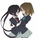  black_hair blush blush_stickers brown_eyes brown_hair eye_contact female hirasawa_yui hug k-on! kedamaru long_hair looking_at_another multiple_girls nakano_azusa pantyhose school_uniform short_hair skirt sweat sweatdrop twintails yuri 