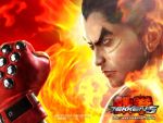  black_hair close fire flame gloves kazuya_mishima male namco red_eyes solo tekken tekken_5 wallpaper 