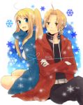  1girl back-to-back bad_id blonde_hair blue_eyes coat couple crossed_arms edward_elric fullmetal_alchemist heart heart_of_string long_hair open_mouth pocky1202 ponytail sitting smile winry_rockbell yellow_eyes 