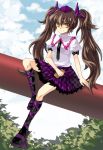  black_legwear brown_hair cellphone checkered checkered_skirt esythqua geta hat highres himekaidou_hatate kneehighs leg_ribbon long_hair looking_at_viewer necktie phone pigtails sitting skirt sky smile solo tengu-geta tokin_hat touhou twintails yellow_eyes 