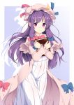  1girl book book_hug boushi_(nandemo) capelet coat crescent_hair_ornament dress hair_ornament hair_ribbon highres holding holding_book long_hair long_sleeves looking_at_viewer mob_cap open_clothes open_coat patchouli_knowledge purple_hair ribbon solo striped striped_dress touhou tress_ribbon very_long_hair violet_eyes white_dress 