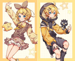  1boy 1girl absurdres ahoge argyle_clothes argyle_vest arm_up badtz-maru bare_legs beret black_leg_warmers black_shorts blonde_hair bloomers blue_eyes blush border bow bow_hairband bow_skirt brown_bow brown_hairband brown_skirt brown_sweater_vest closed_mouth clothes_writing commentary crossover earrings eye_contact feet_out_of_frame grid_background grin hair_bow hair_ornament hairband hairpin hat highres hood hood_up invisible_chair jacket jewelry jumping kagamine_len kagamine_rin leg_warmers long_sleeves looking_at_another looking_at_viewer low_twintails multicolored_clothes multicolored_jacket multiple_hairpins pompompurin puffy_long_sleeves puffy_sleeves ribbon sanrio sazanami_(ripple1996) shirt short_hair short_ponytail short_twintails shorts single_leg_warmer sitting skirt smile star_(symbol) sweater_vest swept_bangs twintails two-tone_jacket vocaloid white_bloomers x_hair_ornament yellow_border yellow_bow yellow_nails yellow_ribbon yellow_shirt 