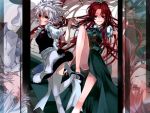  braid garter_straps hong_meiling izayoi_sakuya legs long_hair maid maid_headdress manya_(artist) manya_(mohu_is-mine) manyako_(mohumohu) multiple_girls red_eyes red_hair redhead short_hair silver_hair the_embodiment_of_scarlet_devil thigh-highs thighhighs touhou twin_braids white_legwear zoom_layer 