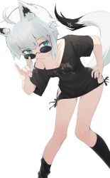  1girl absurdres ahoge animal_ear_fluff animal_ears aqua_eyes black_shirt breasts collarbone fox_ears fox_girl fox_shadow_puppet fox_tail hair_between_eyes highres hololive looking_at_viewer loungewear multicolored_tail pentagram recklessdraw shirakami_fubuki shirakami_fubuki_(loungewear) shirt short_hair side-tie_shirt single_off_shoulder solo sunglasses tail two-tone_tail virtual_youtuber white_background white_hair 