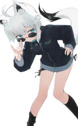  1girl absurdres ahoge animal_ear_fluff animal_ears aqua_eyes black_shirt breasts collarbone fox_ears fox_girl fox_shadow_puppet fox_tail hair_between_eyes highres hololive jacket looking_at_viewer loungewear multicolored_tail pentagram recklessdraw shirakami_fubuki shirakami_fubuki_(loungewear) shirt short_hair side-tie_shirt single_off_shoulder solo sunglasses tail two-tone_tail virtual_youtuber white_background white_hair 