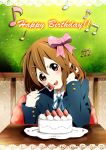  brown_hair cake food fruit happy_birthday highres hirasawa_yui k-on! lace minimaru musical_note school_uniform short_hair strawberry 
