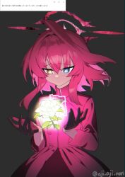  1girl aji_aji_nori black_background black_gloves blue_archive blue_eyes closed_mouth commentary dress flower gloves glowing hair_between_eyes halo heterochromia highres hoshino_(blue_archive) hoshino_terror_(blue_archive) long_sleeves pink_hair simple_background solo spoilers twitter_username upper_body white_flower yellow_eyes 