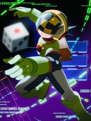  1boy 3suisousui armor blurry blurry_foreground covered_eyes dice foot_out_of_frame green_armor helmet helmet_over_eyes highres male_focus mega_man_(series) mega_man_battle_network_(series) megaman.exe numberman.exe smile solo 