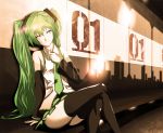  crossed_legs detached_sleeves green_eyes green_hair hatsune_miku highres infinote legs_crossed long_hair necktie sitting smile solo thigh-highs thighhighs twintails very_long_hair vocaloid zettai_ryouiki 