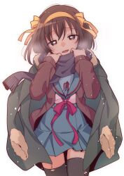  1girl :d black_scarf blue_sailor_collar blue_skirt breasts brown_cardigan brown_eyes cardigan coat commentary_request green_coat hair_ribbon hairband hands_up highres kita_high_school_uniform long_sleeves looking_at_viewer medium_hair open_cardigan open_clothes open_coat open_mouth red_ribbon ribbon sailor_collar scarf school_uniform serafuku simple_background skirt smile solo suzumiya_haruhi suzumiya_haruhi_no_yuuutsu taiki_(6240taiki) white_background winter_uniform yellow_hairband yellow_ribbon zettai_ryouiki 