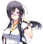  black_hair bracelet breasts bust glasses highres jewelry large_breasts long_hair necktie original purple_eyes red-framed_glasses signature simple_background solo tel-o teruo violet_eyes 