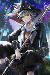  1boy black_hat black_jacket black_pants blue_eyes blue_sky box closed_mouth commentary_request flag hat highres holding jacket jewelry kingdom_hearts kingdom_hearts_iii looking_at_viewer male_focus necklace official_alternate_costume open_clothes open_jacket outdoors palm_tree pants pepo_(oopepoo) pirate_costume pirate_hat pointy_hair polearm red_flag red_shirt shirt sitting sky solo sora_(kingdom_hearts) spyglass torn_flag tree weapon wooden_box 