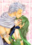  blush bridal_gauntlets cape couple detached_sleeves earrings edward_geraldine final_fantasy final_fantasy_iv green_hair hand_on_face height_difference jewelry kiss_on_forehead ninja rydia star summoner white_hair yukaxcat 