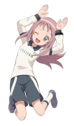  1girl arms_up blue_footwear blue_streaks buchi_(y0u0ri_) cleats collar collared_shirt commentary_request green_eyes highres inazuma_eleven_(series) inazuma_eleven_ares_no_tenbin jumping long_hair long_sleeves one_eye_closed open_hands open_mouth purple_hair shirt shoes shorts simple_background sneakers solo teeth translation_request upper_teeth_only white_background white_shirt white_streaks 