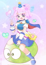 1girl :d animal_bag arle_nadja arle_nadja_(cosplay) armor armored_dress blob blue_footwear blue_skirt blue_wristband blush breastplate cape carbuncle_(puyopuyo) cosplay full_body green_eyes half_updo hat highres looking_at_viewer mini_hat mini_top_hat miyakomu monster_girl open_mouth ponytail puniru_(puniru_wa_kawaii_slime) puniru_wa_kawaii_slime puyopuyo short_hair shoulder_armor skirt slime_(substance) slime_girl smile solo top_hat