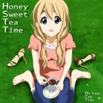  barefoot blonde_hair blue_eyes casual cup feet grass high_heels highres k-on! kotobuki_tsumugi kouchou long_hair nature open_mouth open_toe_shoes outdoors outside sandals shoes shoes_removed sitting solo tea teacup toes wariza 