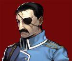  aiguillette bad_id black_hair closed_eyes eyepatch eyes_closed face facial_hair fullmetal_alchemist homunculus male military military_uniform mustache noako pride red_background short_hair simple_background solo uniform wrath 