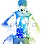 blue_eyes blue_hair cline kaito male scarf simple_background smile solo vocaloid 