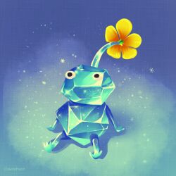  artist_name black_eyes blue_background blue_skin colored_skin commentary_request creature_focus dutch_commentary flower ice ice_pikmin looking_ahead no_humans no_mouth pikmin_(creature) pikmin_(series) shadow sitting snow snowflakes snowing solo tom_aotchson yellow_flower 