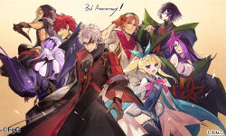  3girls 5boys :d anniversary armor artist_name bare_shoulders black_hair blonde_hair blue_eyes closed_mouth copyright_notice creto_(ta_ga_tame_no_alchemist) crossed_bangs elf floating_hair gloves gradient_background grey_hair hair_behind_ear hair_between_eyes holding holding_sword holding_weapon hood hood_up hugo_(ta_ga_tame_no_alchemist) ines_(ta_ga_tame_no_alchemist) katana laetitia_(ta_ga_tame_no_alchemist) long_hair looking_at_viewer lucian_(ta_ga_tame_no_alchemist) multicolored_hair multiple_boys multiple_girls official_art open_mouth pointy_ears ponytail profile purple_hair redhead reida_(ta_ga_tame_no_alchemist) reido_(ta_ga_tame_no_alchemist) second-party_source shibuhiko short_hair short_sword shoulder_armor signature simple_background smile strauss_(ta_ga_tame_no_alchemist) streaked_hair sword ta_ga_tame_no_alchemist violet_eyes weapon 