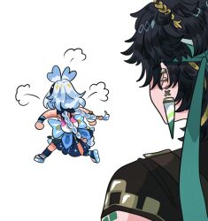 1boy 1girl antenna_hair arm_tattoo belt black_hair black_sleeves black_wristband blonde_hair blue_bow blue_footwear blue_hair blue_hairband blue_skirt blue_wristband bow bracelet braid brown_belt clenched_hands dark-skinned_female dark_skin fish genshin_impact green_headband hairband headband high_ponytail highres jewelry kinich_(genshin_impact) large_bow light_blue_hair long_braid long_hair mitama_mora mualani_(genshin_impact) multicolored_hair outstretched_arms pale_skin platform_footwear puffer_fish shoes sidelocks single_braid skirt spiked_ear_piercing spread_arms streaked_hair tan tanlines tattoo twin_braids walking_away white_background