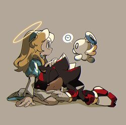  1boy 1girl absurdres animal_ears animal_nose black_eyes black_footwear black_fur blonde_hair blue_footwear blue_hairband blue_halo blue_shirt body_fur boots chao_(sonic) closed_eyes closed_mouth creature dress english_commentary flying full_body furry furry_male grey_background hairband halo hand_on_another's_head hand_up hedgehog_boy highres layered_sleeves long_hair long_sleeves looking_at_another lying lying_on_person maria_robotnik merry_bongbong multicolored_footwear on_side puffy_short_sleeves puffy_sleeves red_footwear red_fur seiza shadow shadow_the_hedgehog shirt shoes short_over_long_sleeves short_sleeves short_tail simple_background sitting sleeping sonic_(series) speech_bubble spoken_object tail two-tone_fur white_dress white_footwear wings yellow_halo 