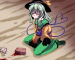  1girl blood blood_on_face bloody_clothes blush brick closed_eyes collarbone green_hair grin hat heart komeiji_koishi kuon_yashiro long_sleeves mask smile solo third_eye touhou wide_sleeves 